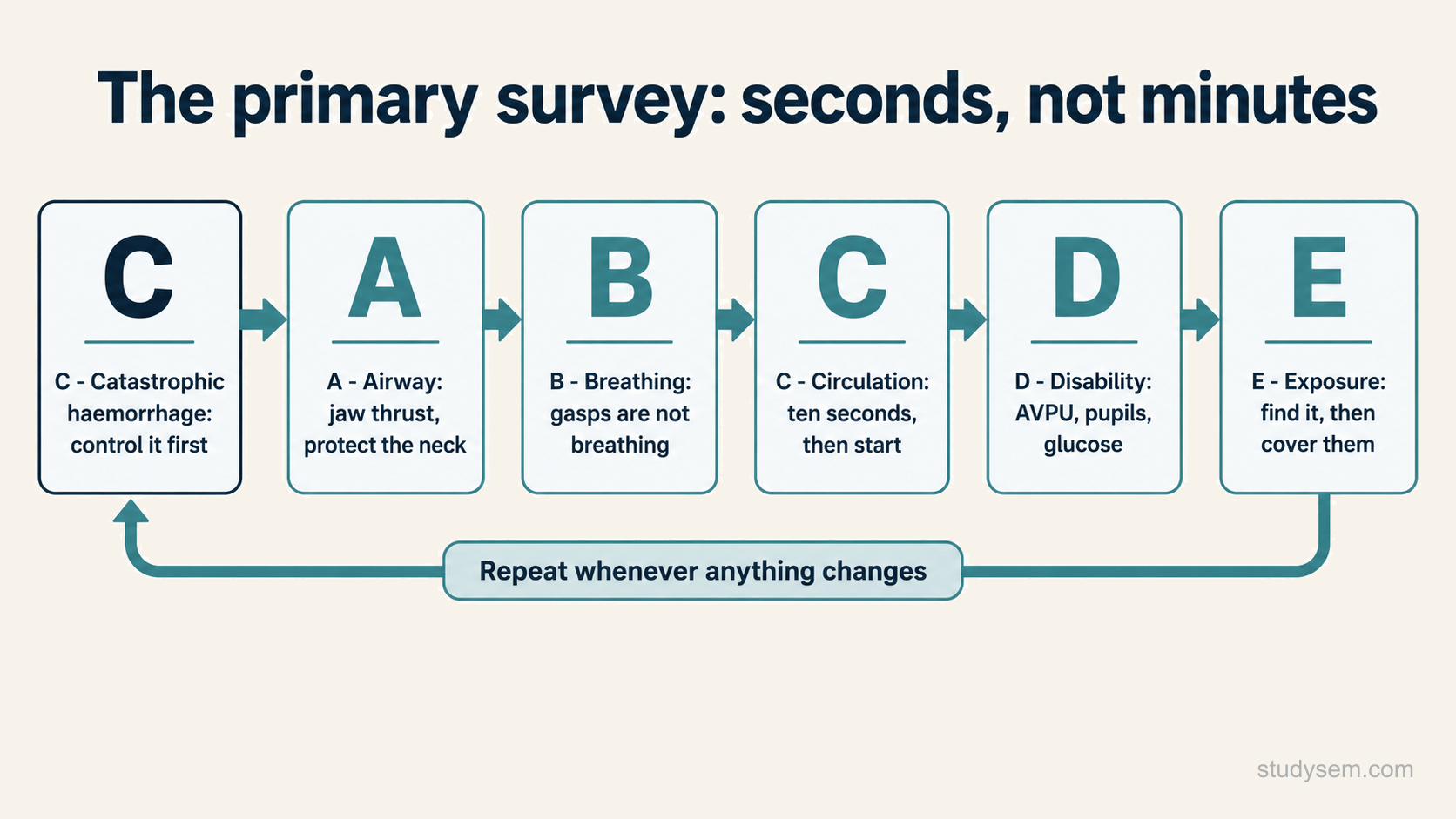 The primary survey shown as a sequence, C then A then B then C then D then E: catastrophic haemorrhage controlled first, airway opened with a jaw thrust while protecting the neck, breathing where gasps are not breathing, circulation, disability assessed with AVPU pupils and glucose, and exposure, with the survey repeated whenever anything changes. Abnormal or uncertain breathing at B exits to compressions and a defibrillator.
