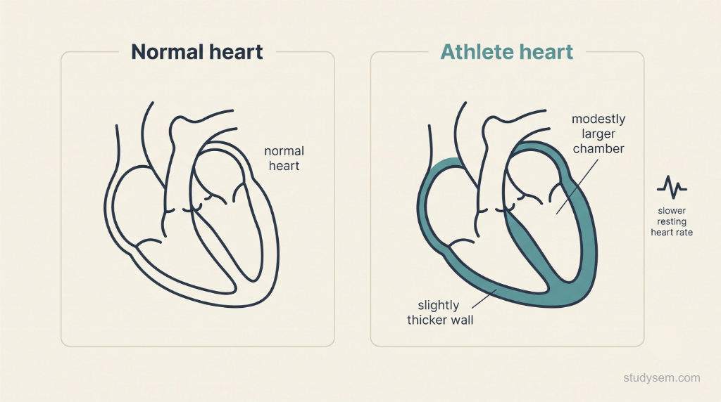 Two-panel schematic comparing a normal heart with an athlete's heart, where the athlete's heart shows a modestly larger chamber and a slightly thicker wall as benign training adaptation, alongside a slower resting heart rate.