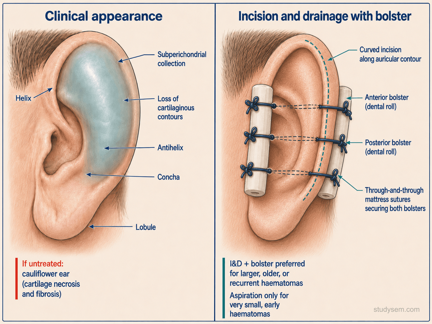 Auricular haematoma with subperichondrial blood collection on the lateral pinna alongside the I&D with bolster compression technique - linear incision parallel to the helical contour, evacuation, and through-and-through mattress sutures tied across dental-roll bolsters on either side to obliterate the dead space