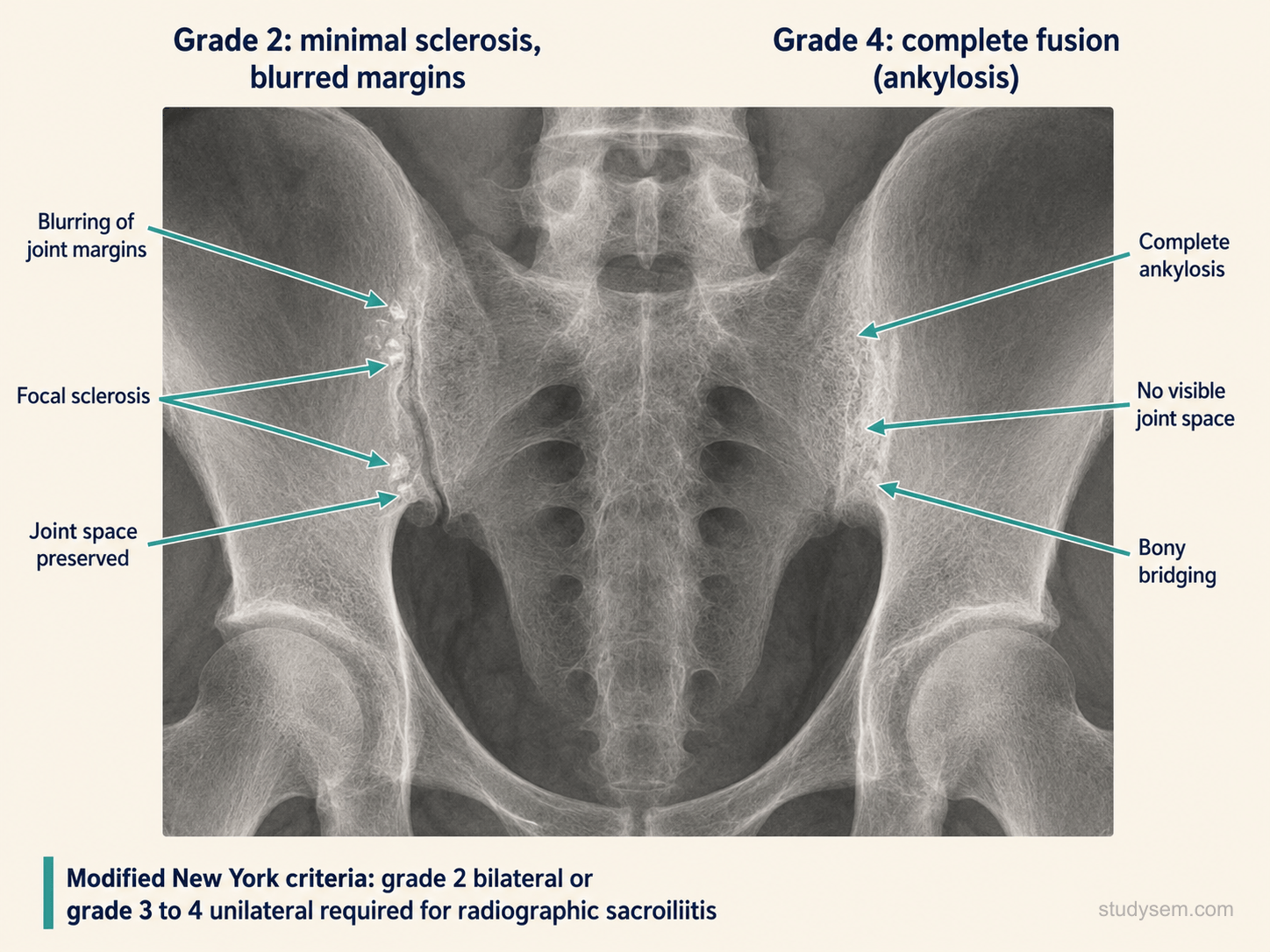 AP pelvis radiograph panels showing modified New York sacroiliitis grading: grade 2 with minimal subchondral sclerosis and small erosions, grade 3 with definite sclerosis and erosions, and grade 4 with complete ankylosis and bony fusion across the sacroiliac joint