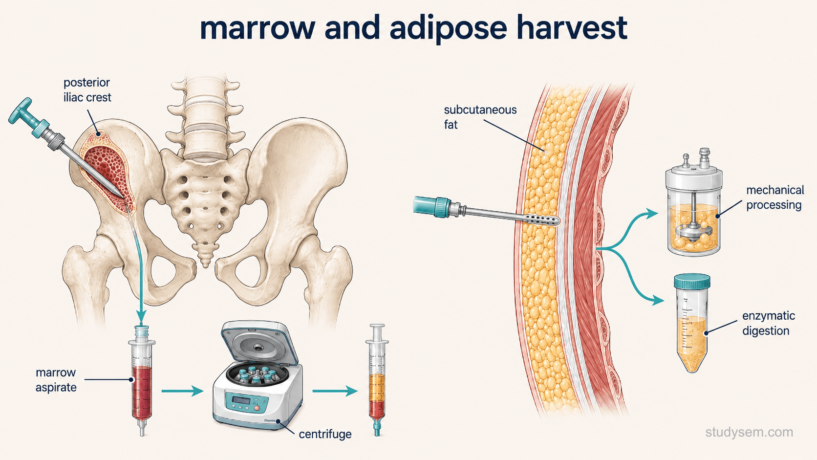 Two anatomically accurate harvest illustrations side by side on a cream background. On the left, a posterior view of the pelvis with correct iliac crest contour, sacrum and posterior superior iliac spine, showing a large-bore trocar entering the posterior iliac crest to aspirate marrow, with an arrow to a centrifuge and then to a syringe. On the right, a cross-section of the abdominal wall with correct skin, subcutaneous fat and fascial layers, showing a small liposuction cannula harvesting fat, with two diverging arrows: one to mechanical processing and one to enzymatic digestion. Labels only: posterior iliac crest, marrow aspirate, centrifuge, subcutaneous fat, mechanical processing, enzymatic digestion.