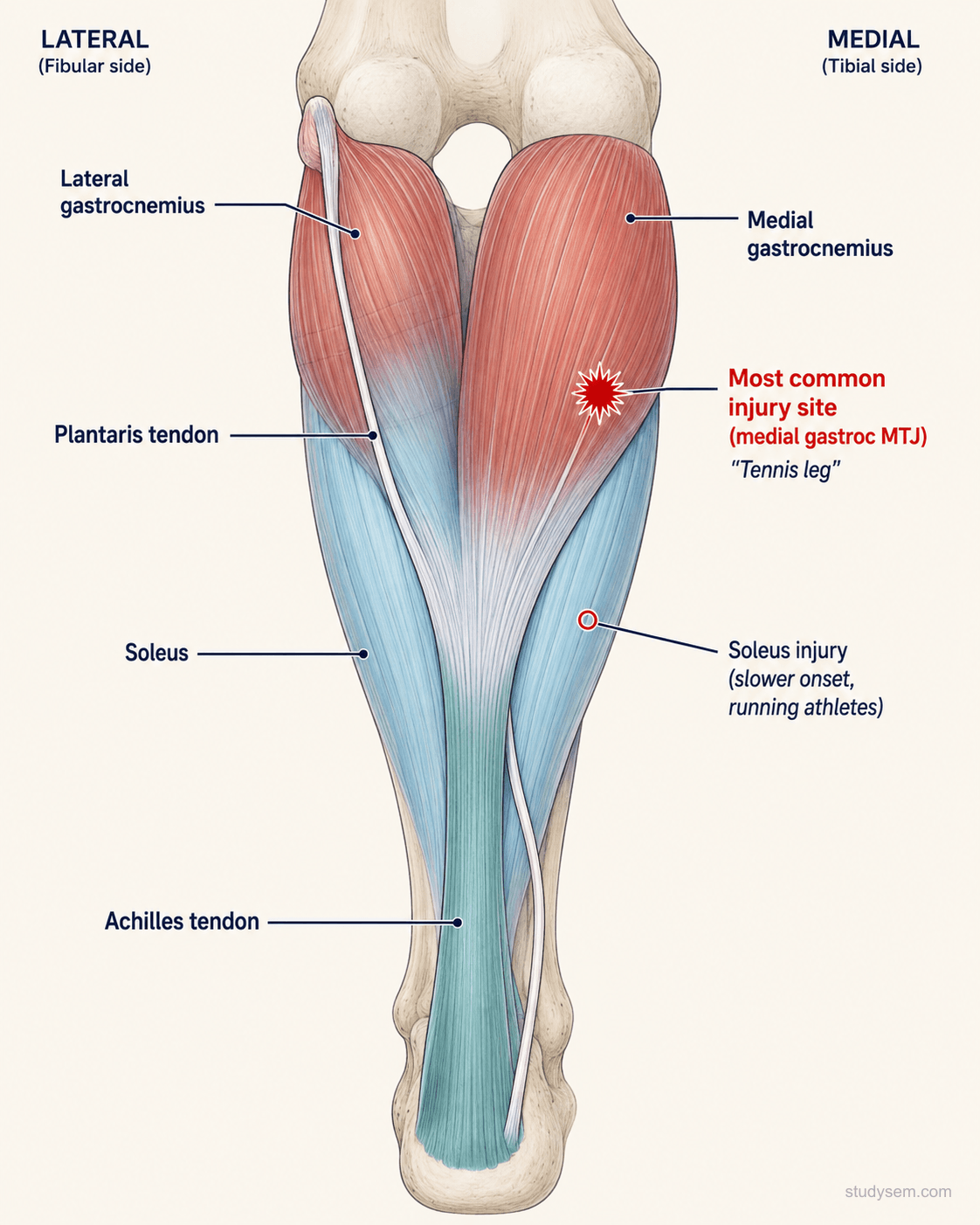 Posterior view of the lower leg showing gastrocnemius medial and lateral heads, soleus, and plantaris with the medial gastrocnemius musculotendinous junction highlighted as the most common calf injury site
