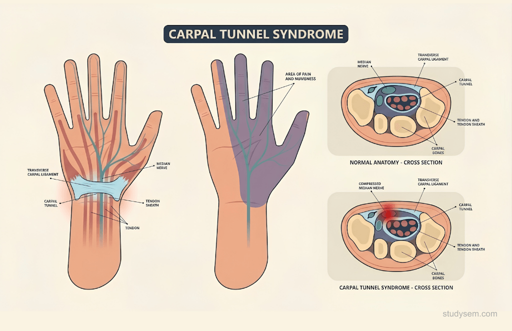 Cross-section of the wrist at the carpal tunnel showing the median nerve positioned radial to the FDS tendon to the long finger, nine flexor tendons, and the flexor retinaculum forming the tunnel roof.
