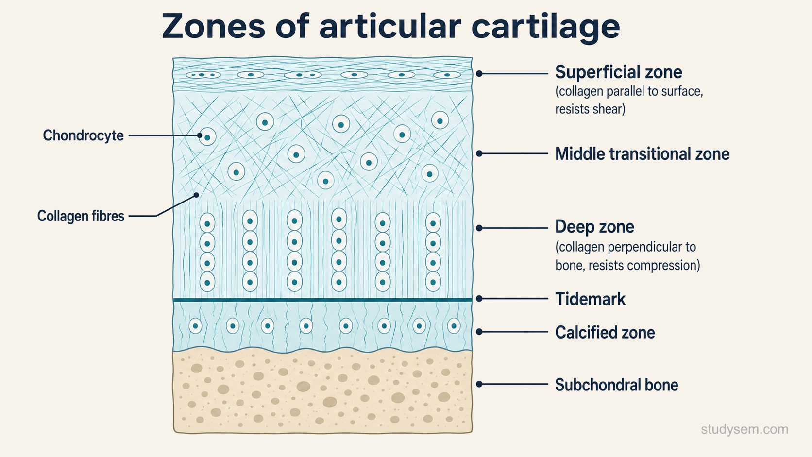 A vertical cross-section of articular cartilage sitting on subchondral bone, showing the zones from the surface downward: a superficial zone with flattened chondrocytes and collagen fibres running parallel to the surface, a middle transitional zone with rounder chondrocytes and more obliquely arranged collagen, a deep zone with chondrocytes in vertical columns and collagen running perpendicular to the bone, then a thin calcified zone marked off from the deep zone by a line called the tidemark, and the subchondral bone beneath.