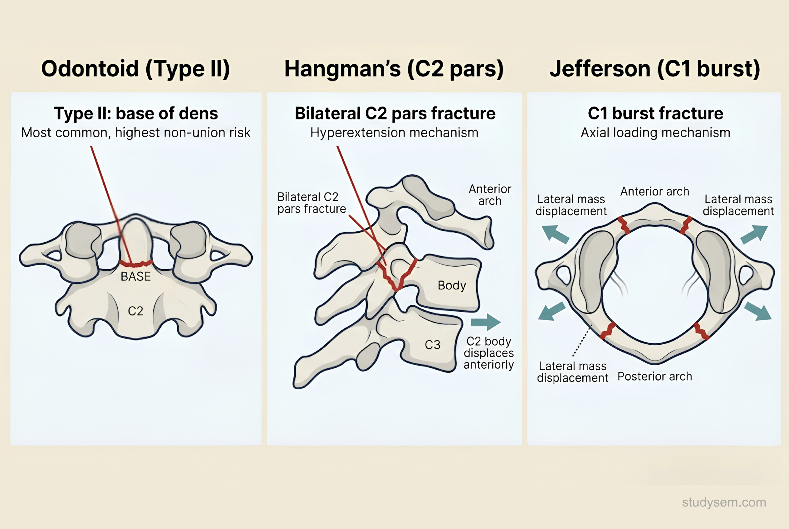 Three-panel diagram of classic upper cervical fractures showing odontoid Type II at the base of the dens, Hangman bilateral C2 pars fracture, and Jefferson C1 burst fracture