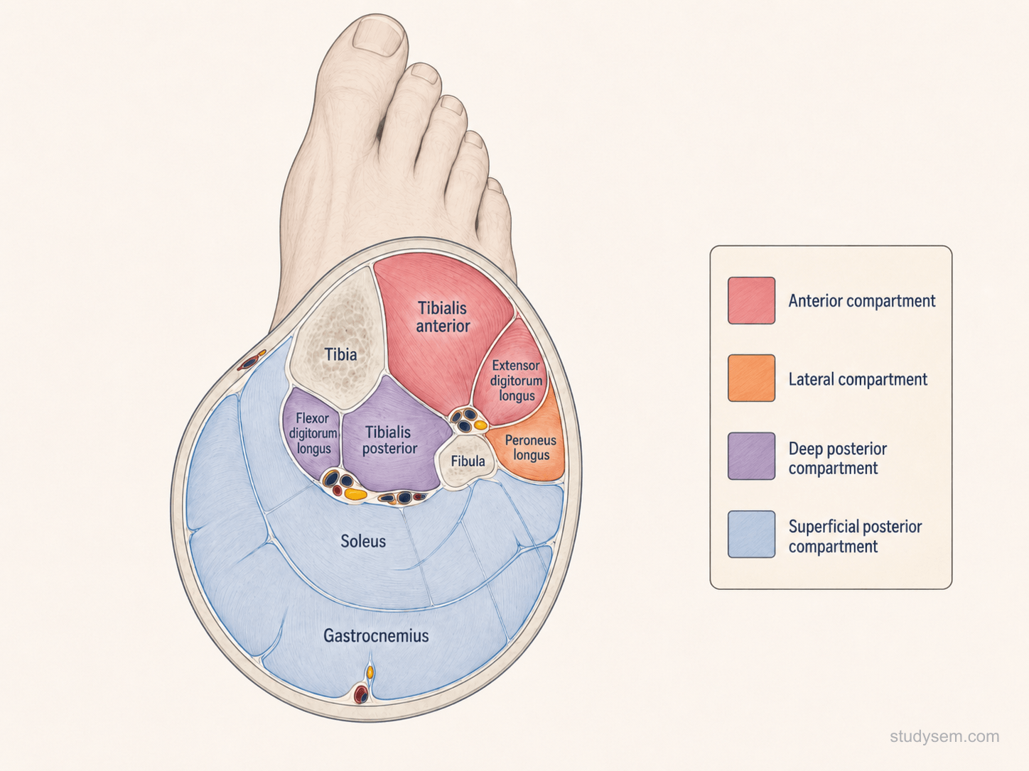Cross-section of the lower leg showing the four compartments (anterior, lateral, superficial posterior, deep posterior) with key muscles and nerves labelled and the anterior compartment highlighted as most commonly affected by CECS