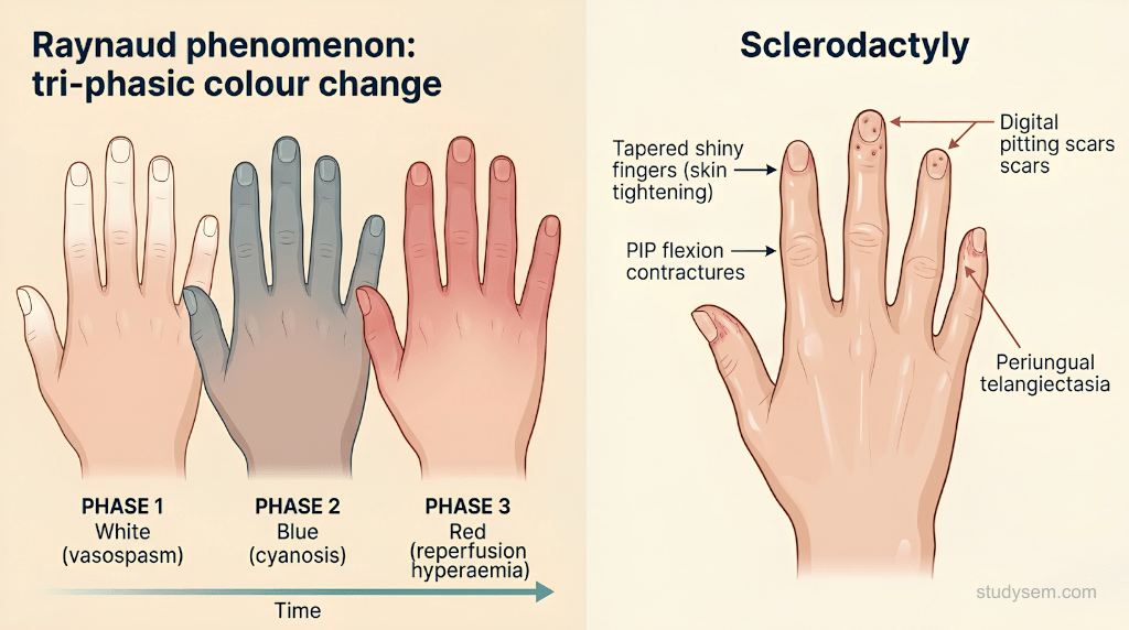 Side-by-side panels showing the tri-phasic Raynaud colour change (digits white during ischaemia, then blue during deoxygenation, then red on reperfusion) and sclerodactyly with tapered fingers, digital pitting scars, and shiny taut distal skin characteristic of limited cutaneous systemic sclerosis