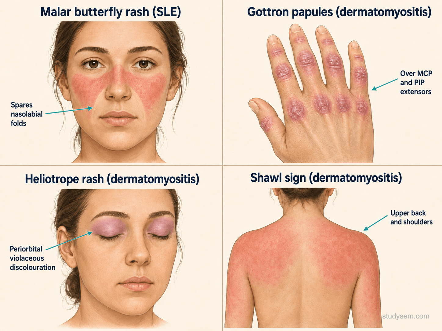 Multi-panel diagram of cutaneous signs: SLE malar butterfly rash sparing the nasolabial folds; dermatomyositis Gottron papules over the MCP and PIP knuckles; heliotrope violaceous rash of the upper eyelids; and shawl sign over the upper back, posterior neck, and shoulders