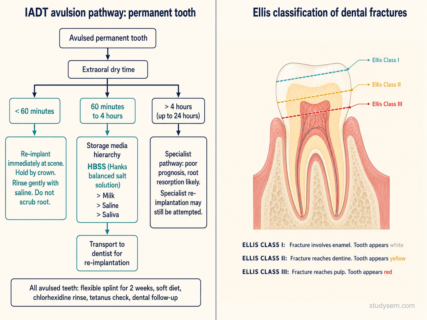 IADT pathway for avulsed permanent tooth alongside the Ellis crown fracture classification (Ellis I enamel only, Ellis II enamel-dentine, Ellis III complicated with pulp exposure), showing the 5 to 15 minute re-implantation window and storage media hierarchy (HBSS, milk, saliva, saline, cling film)