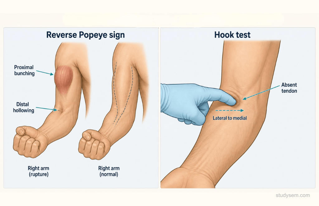 Reverse Popeye sign showing proximal bunching of the biceps belly after distal rupture and positive hook test with absent cord-like tendon in the antecubital fossa.