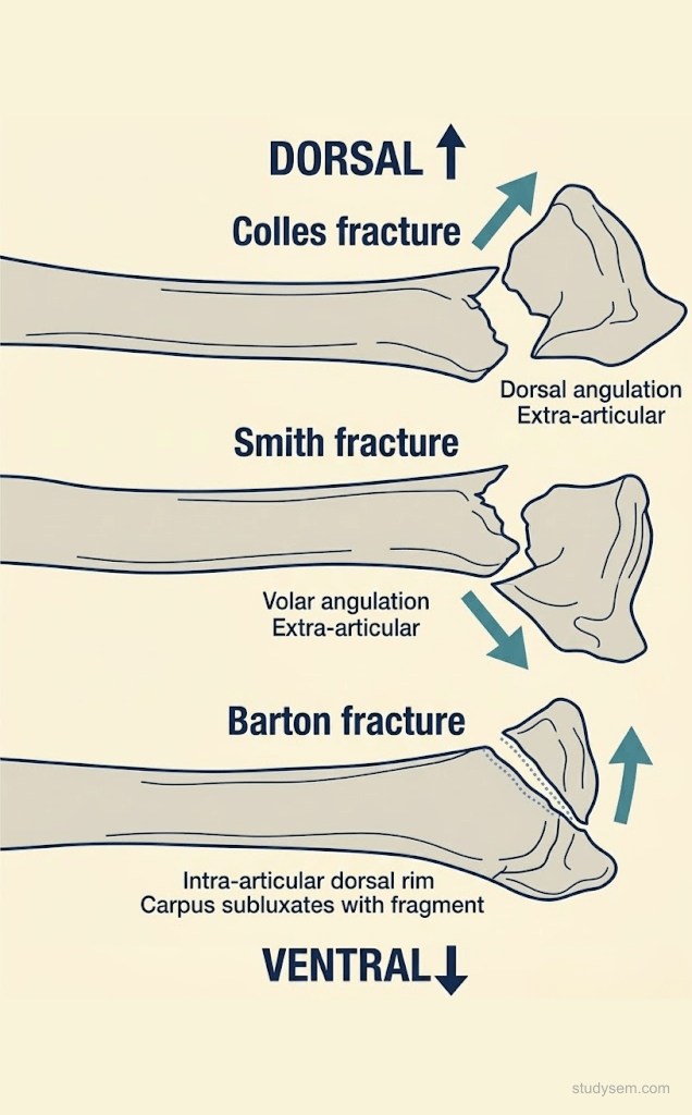 Three-panel lateral wrist diagram comparing Colles fracture with dorsal angulation, Smith fracture with volar angulation, and Barton's fracture with intra-articular dorsal rim fragment and carpal subluxation.