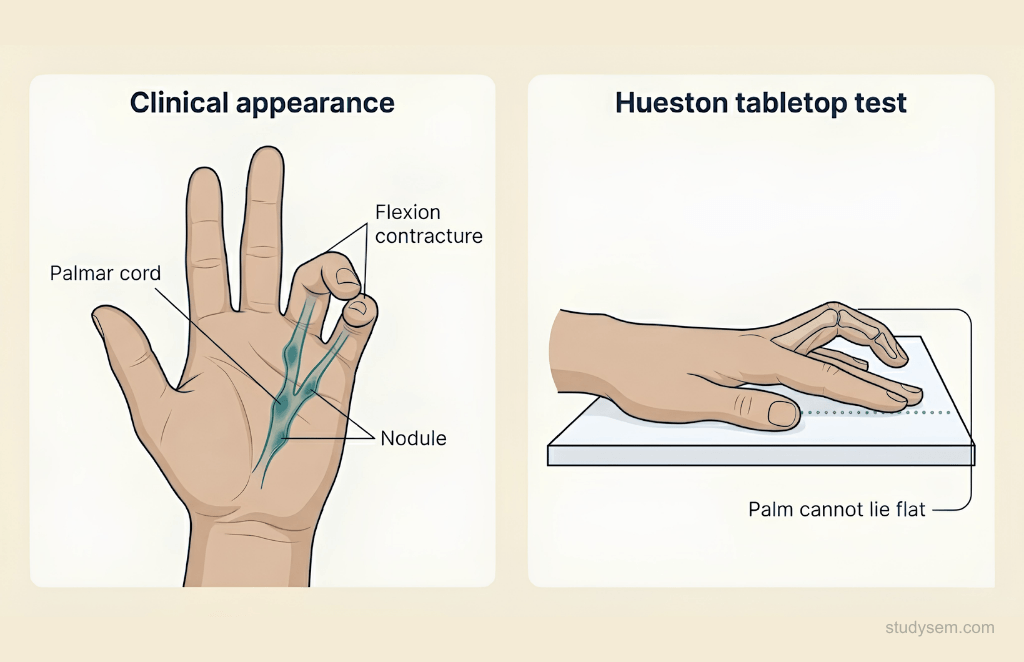 Dupuytren's contracture showing palmar fascia thickening with cord and nodule formation causing ring and little finger flexion contracture and positive Hueston tabletop test.