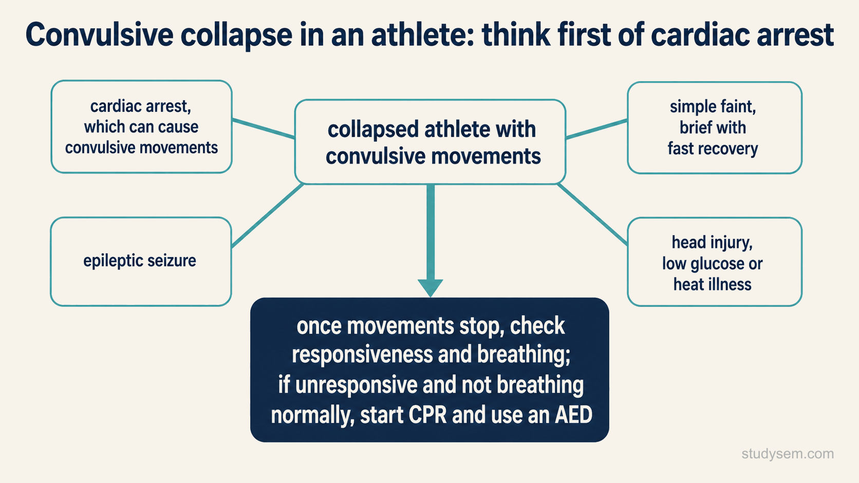 A hub diagram for recognising a convulsive collapse in an athlete, with a collapsed athlete with convulsive movements at the centre linked to possible causes: cardiac arrest, which can itself cause convulsive movements, an epileptic seizure, a simple faint with fast recovery, and head injury, low glucose or heat illness, and a prominent action box stating that once the movements stop the responder checks responsiveness and breathing and, if the athlete is unresponsive and not breathing normally, starts CPR and uses an AED.
