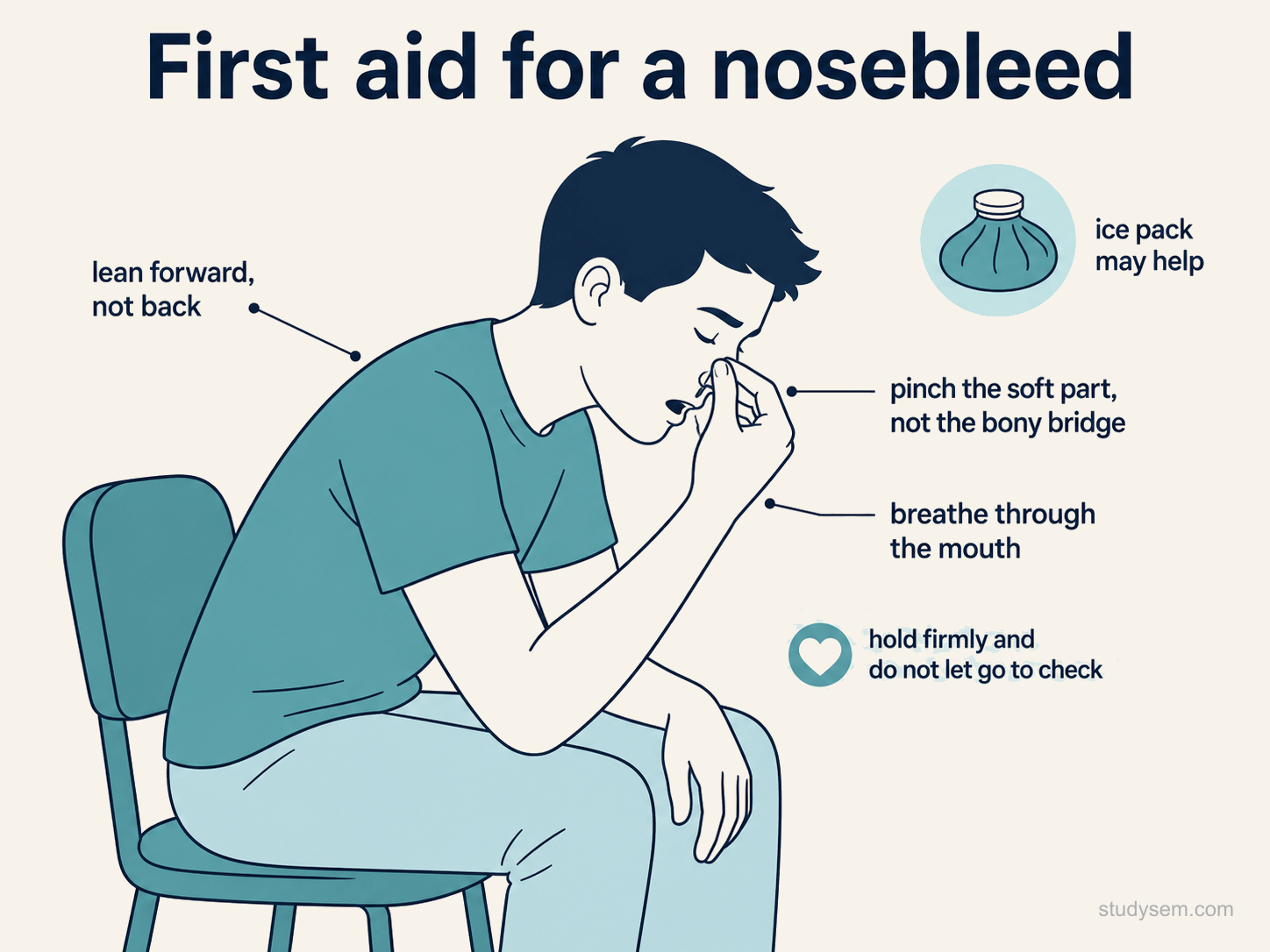 A figure of correct first aid for a nosebleed: a seated person leaning forward and pinching the soft part of the nose, with the key points to lean forward not back, pinch the soft part not the bony bridge, and breathe through the mouth.