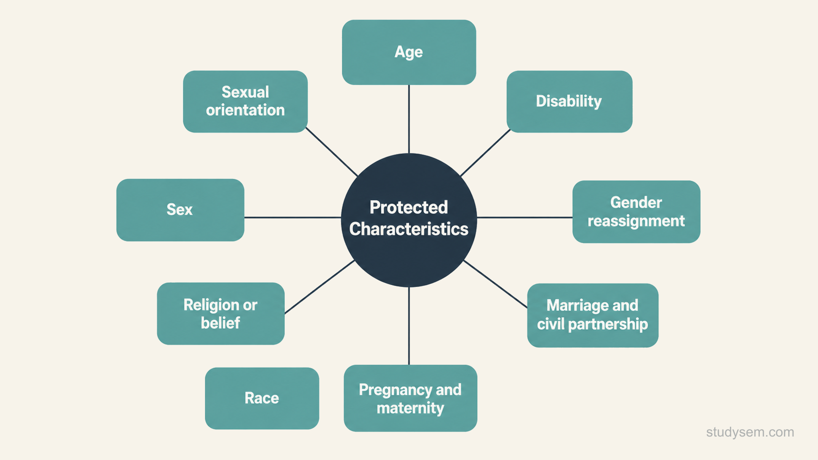 A radial diagram with a central node labelled protected characteristics and nine equal segments arranged around it, each labelled with one characteristic: age, disability, gender reassignment, marriage and civil partnership, pregnancy and maternity, race, religion or belief, sex, and sexual orientation. All nine segments are drawn at equal size and weight to show that none is subordinate.