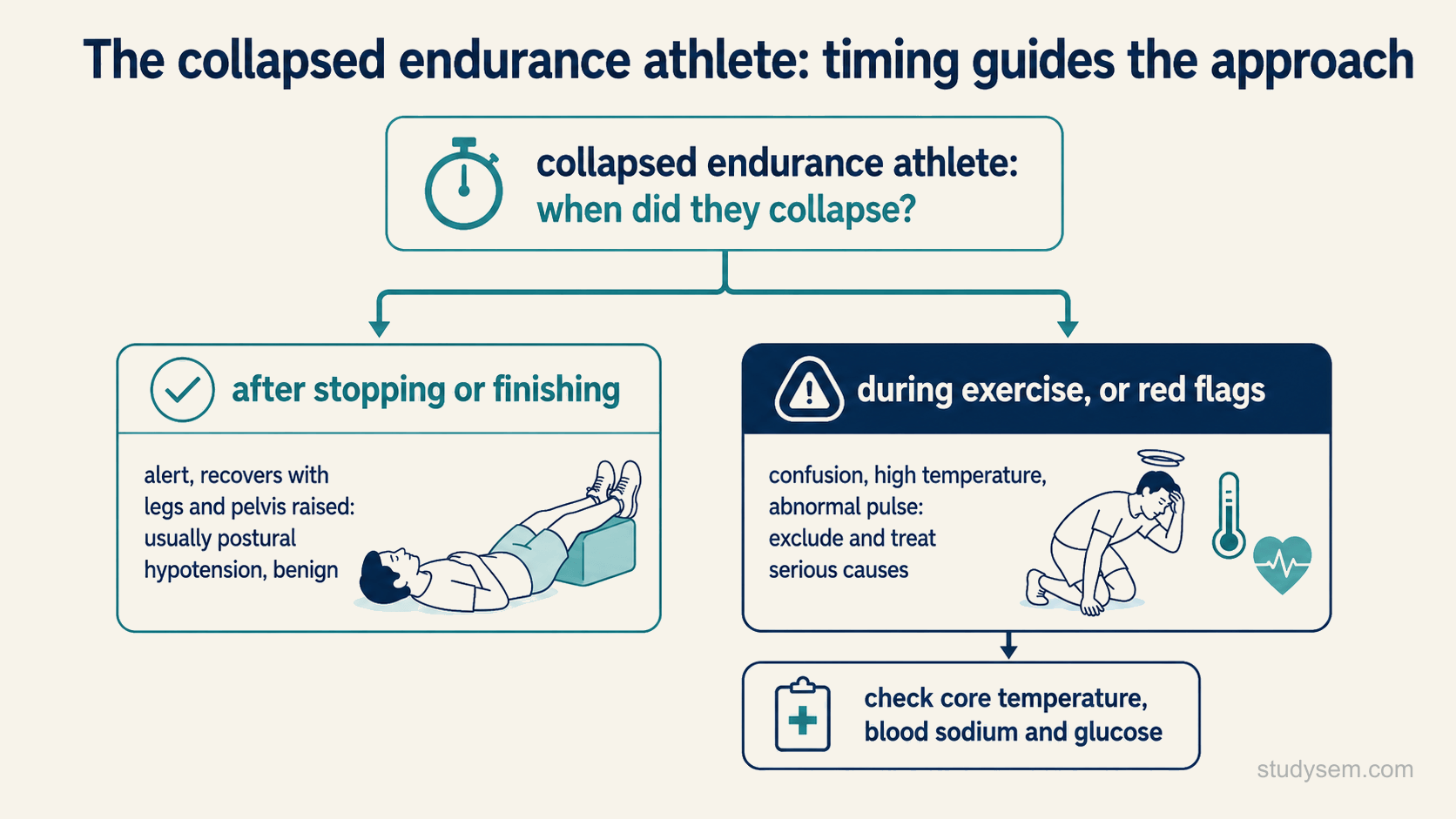 A triage figure showing that the timing of collapse guides the approach: collapse after stopping makes postural hypotension more likely while still requiring assessment, and collapse during exercise or with red flags prompts exclusion and treatment of serious cardiac, thermal and metabolic causes.