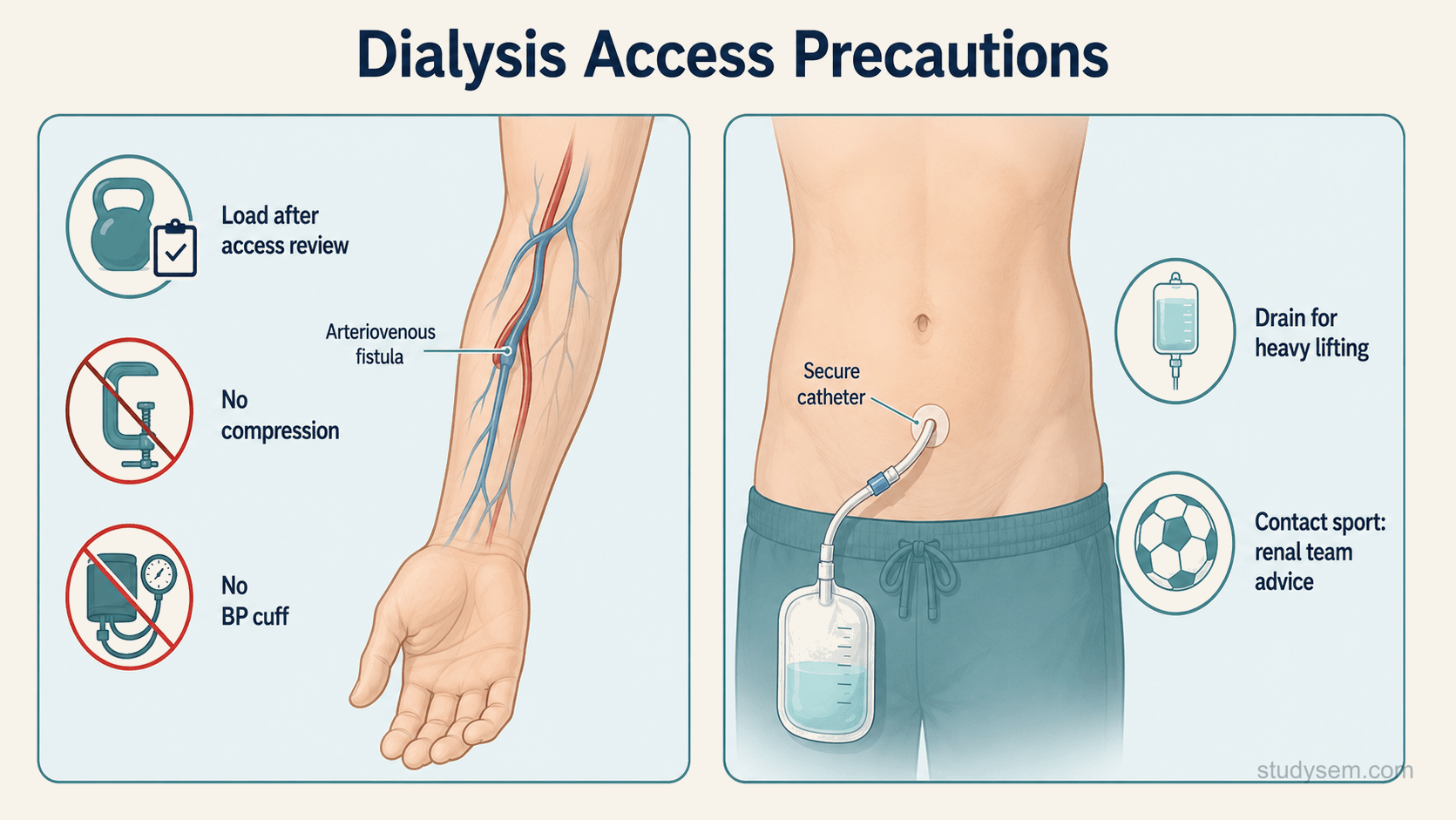 A two-panel anatomical diagram of dialysis access precautions. The left panel shows a forearm with the arteriovenous fistula labelled, carrying three callouts: load after access review, no compression, and no blood pressure cuff. Only the compression and cuff callouts carry a prohibition symbol, because loading is conditional rather than prohibited. The right panel shows an abdomen with a peritoneal dialysis catheter, its exit site labelled secure catheter, carrying two callouts: drain for heavy lifting, and contact sport requires renal team advice.