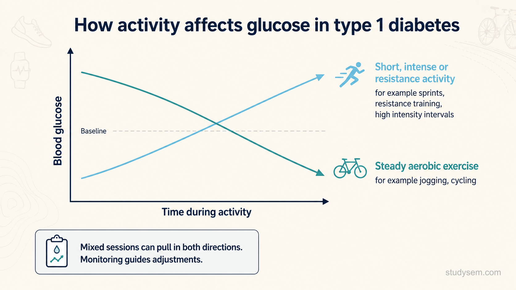 A simple graph contrasting how activity affects blood glucose in type 1 diabetes. A downward line shows glucose often falling during steady aerobic exercise such as jogging or cycling. An upward line shows glucose that can rise during short, intense efforts, resistance training and high-intensity intervals. A note explains that mixed sessions can pull in both directions and that monitoring guides adjustments.