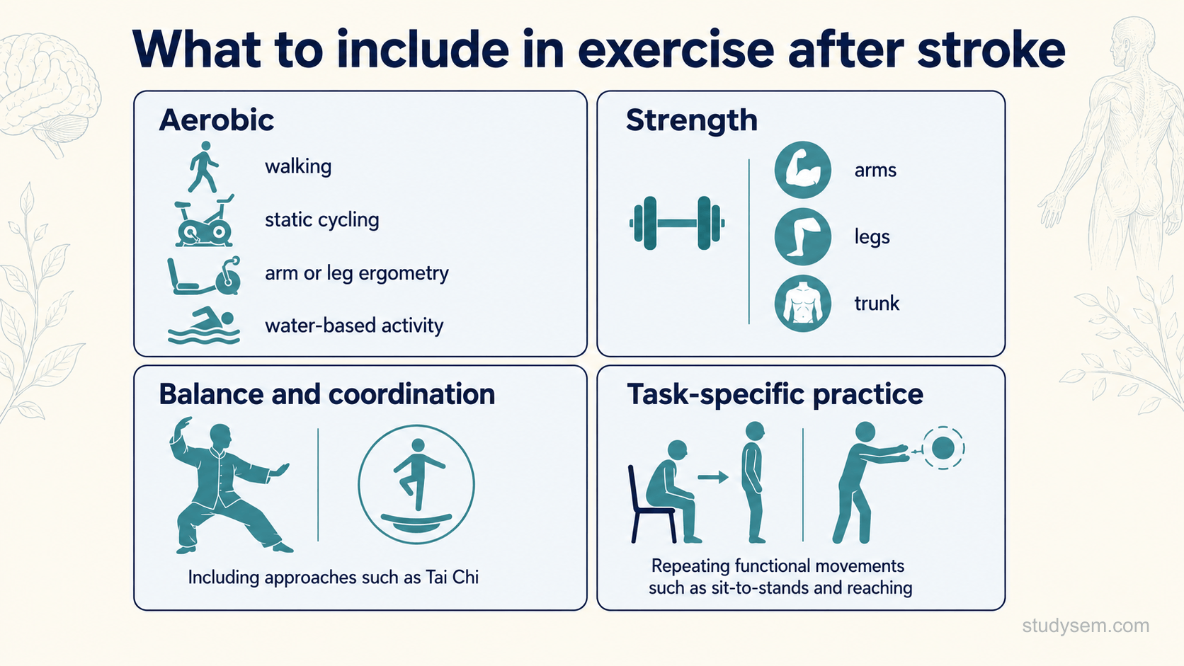 A clean four-quadrant panel on a cream background titled 'What to include in exercise after stroke'. Quadrant one 'Aerobic': walking, static cycling, arm or leg ergometry, water-based activity. Quadrant two 'Strength': arms, legs and trunk. Quadrant three 'Balance and coordination': including approaches such as Tai Chi. Quadrant four 'Task-specific practice': repetitive goal-directed practice of specific functional tasks such as sit-to-stands and reaching. Flat navy and teal icons on cream, Inter type.