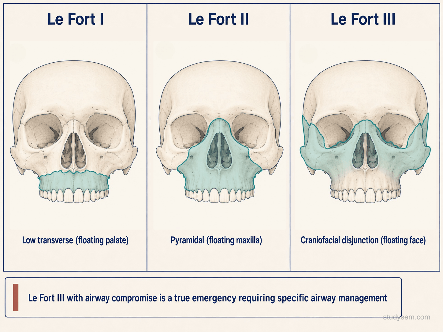 Diagram of the midface showing Le Fort I (floating palate, transverse maxilla), Le Fort II (pyramidal involving the nasal bridge and maxilla), and Le Fort III (craniofacial dissociation through the nasofrontal region, orbital walls, zygomatic arches, and pterygoid plates)