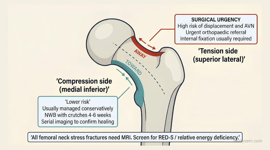 Coronal view of the proximal femur showing compression-side stress fracture at the medial inferior femoral neck versus tension-side stress fracture at the superior lateral femoral neck with management implications
