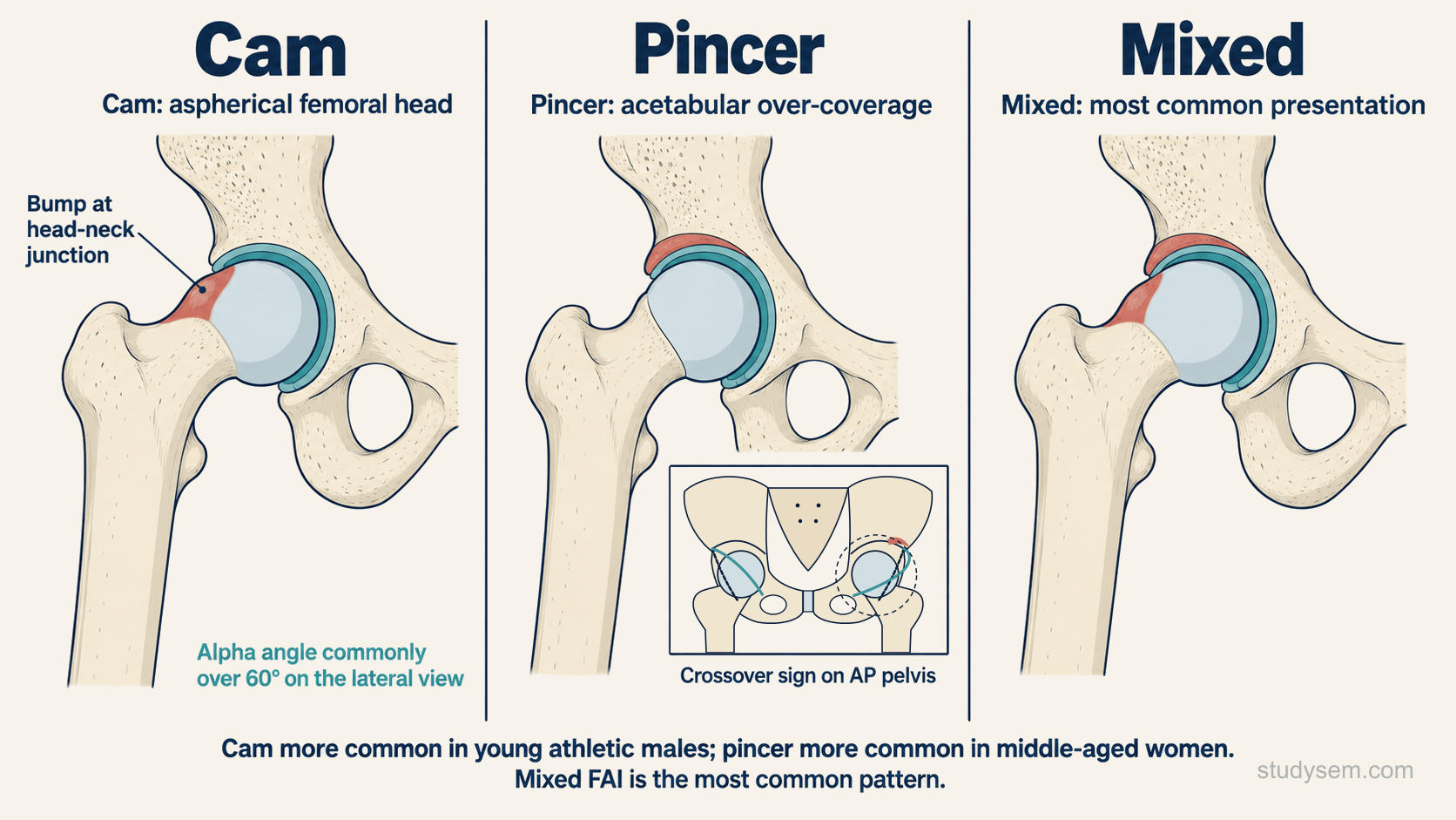 Three-panel comparison of femoroacetabular impingement on the same hip. Cam: an aspherical femoral head with a bump at the head-neck junction, with the note that the alpha angle is commonly over 60 degrees on the lateral view. Pincer: acetabular over-coverage, with an inset AP pelvis showing the crossover sign, where the anterior acetabular wall line crosses the posterior wall line on the affected hip but not on the normal one. Mixed: both features, the most common presentation. A footer says cam is more common in young athletic males, pincer in middle-aged women, and mixed FAI is the most common pattern.