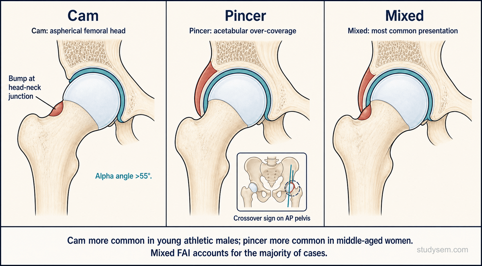Three-panel comparison of cam, pincer, and mixed femoroacetabular impingement morphology showing aspherical femoral head bump, acetabular over-coverage, and combined features