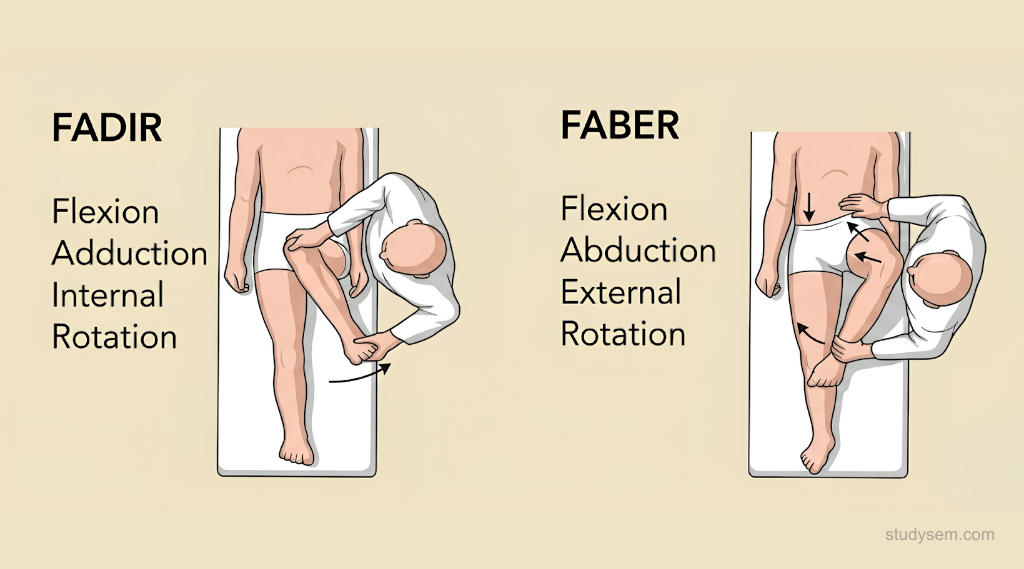 FADIR and FABER provocation tests for femoroacetabular impingement showing patient positioning with flexion adduction internal rotation and figure-of-four positions