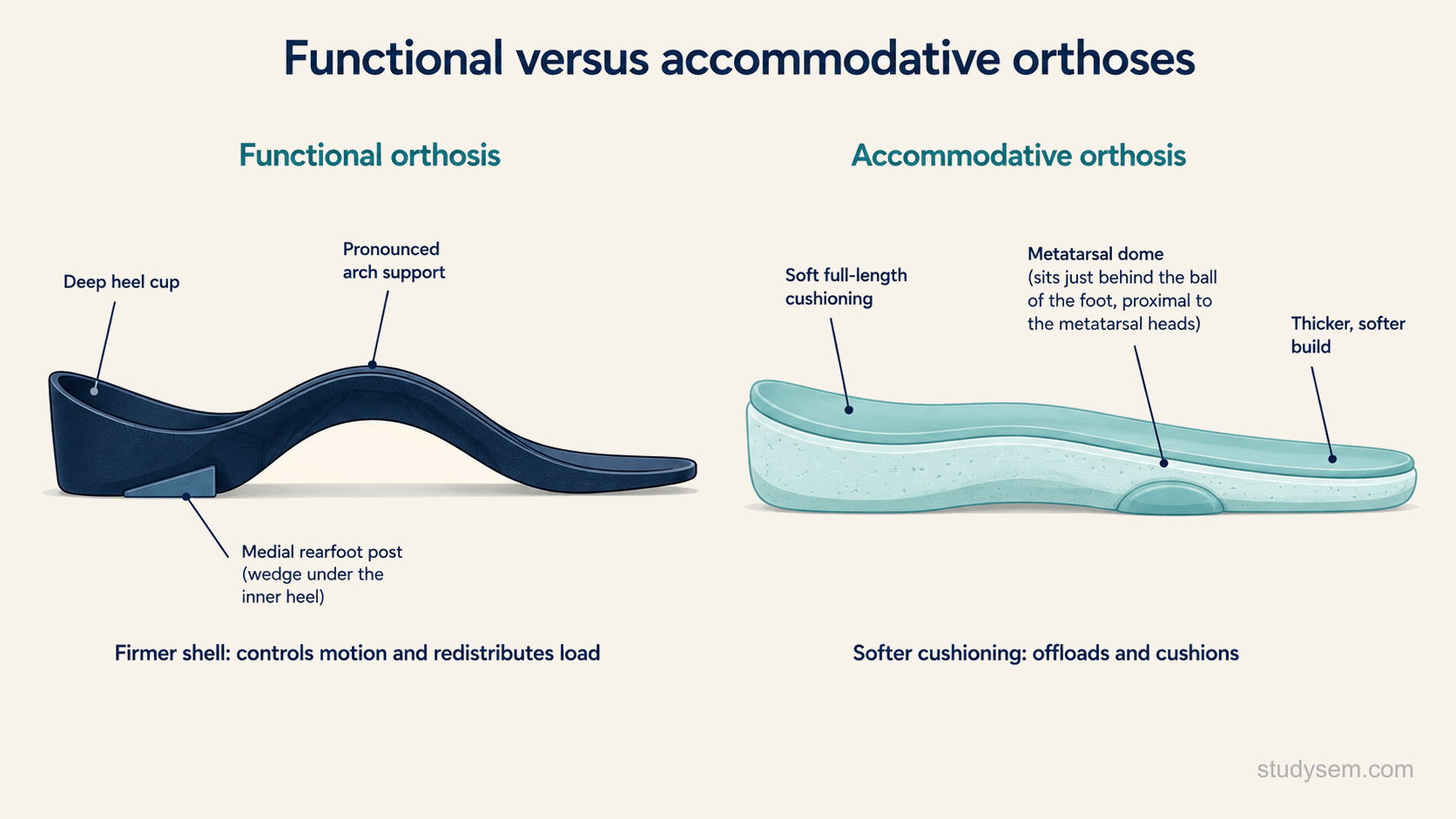 A labelled diagram of a foot orthosis shown from above and from the side, contrasting a functional device with an accommodative device, and showing common features: a contoured medial arch support, a heel cup at the back, a medial rearfoot post that influences rearfoot position, a metatarsal dome placed just behind the metatarsal heads to offload them, and a heel raise.