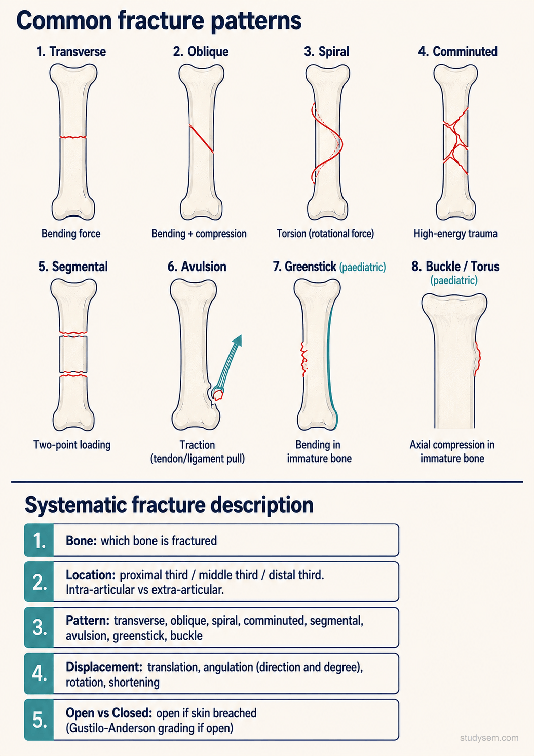 Common fracture patterns diagram (transverse, oblique, spiral, comminuted, segmental, avulsion, greenstick, buckle) with the systematic fracture description approach: bone, location, pattern, displacement, and open vs closed.