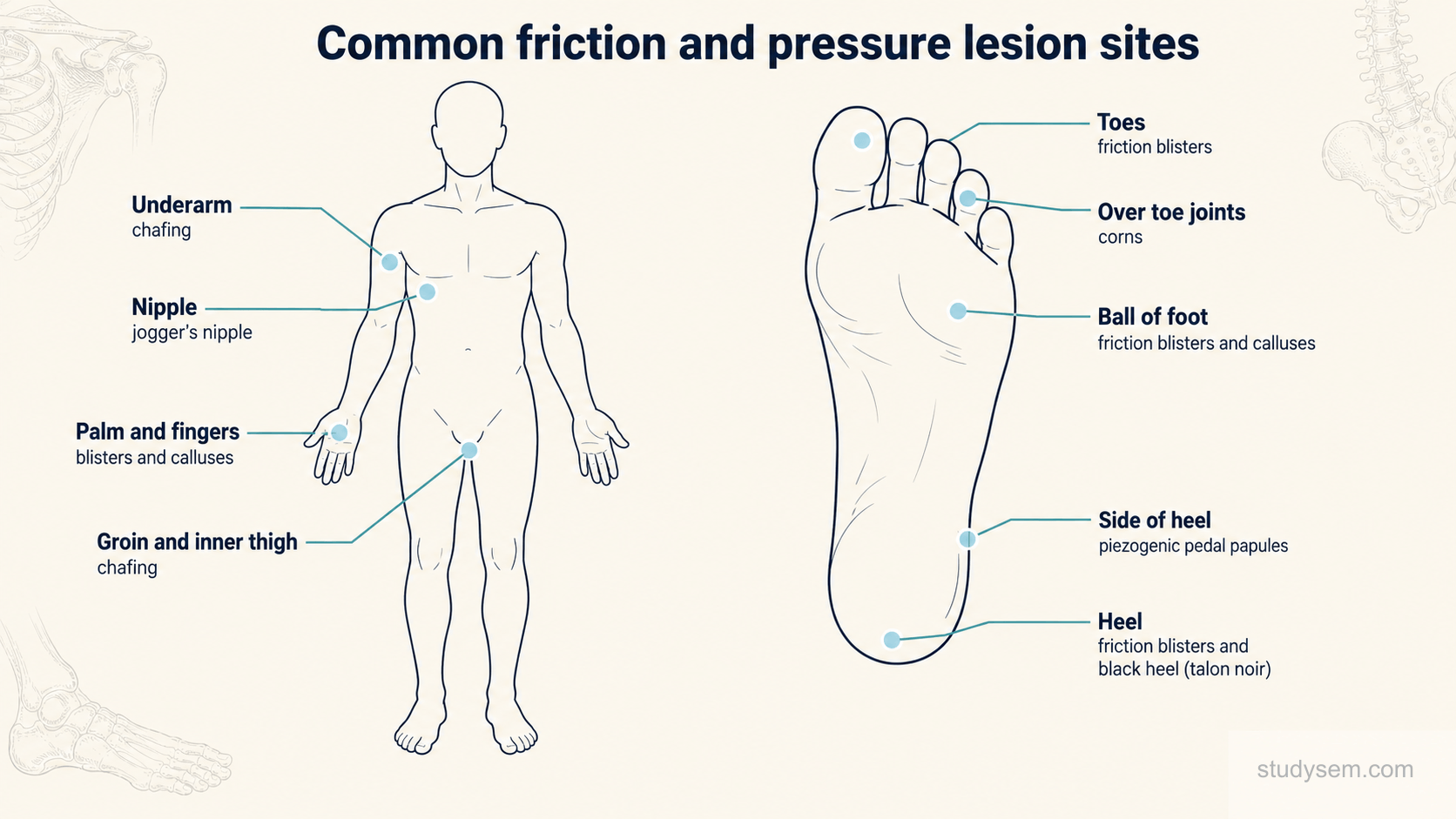 A clean anatomical diagram on a cream background titled 'Common friction and pressure lesion sites', showing a simple figure and a foot outline with labelled call-outs: heel and toes and ball of the foot 'friction blisters, black heel', ball of foot and toe joints 'calluses and corns', inner thigh and groin and underarm 'chafing', nipple 'jogger's nipple', side of heel 'piezogenic papules', palm and fingers 'blisters and calluses'. Understated engraving style at low opacity.