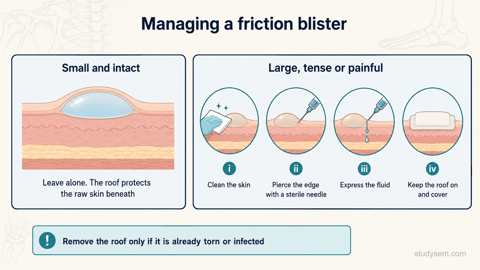 A clean instructional diagram on a cream background titled 'Managing a friction blister', showing two labelled paths. Left path 'Small and intact': an intact blister with a note 'leave alone; the roof protects the raw skin'. Right path 'Large, tense or painful': steps shown as simple panels, clean the skin, pierce the edge with a sterile needle, express the fluid, keep the roof on, cover with a dressing. A short caution line reads 'remove the roof only if already torn or infected'.