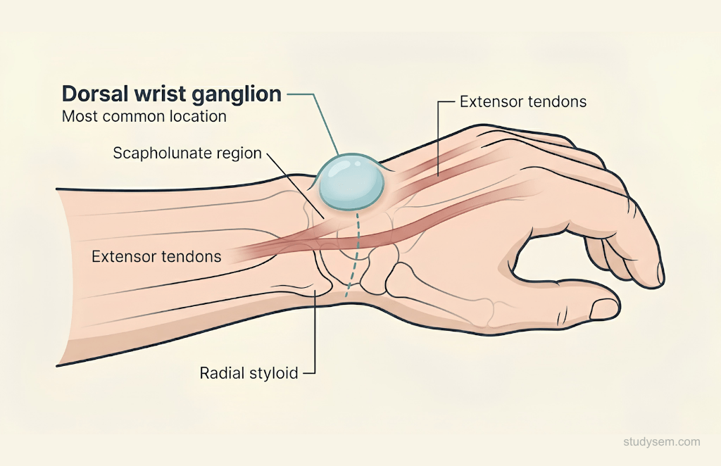 Dorsal wrist ganglion overlying the scapholunate region presenting as a smooth round transilluminant swelling on the dorsum of the wrist.