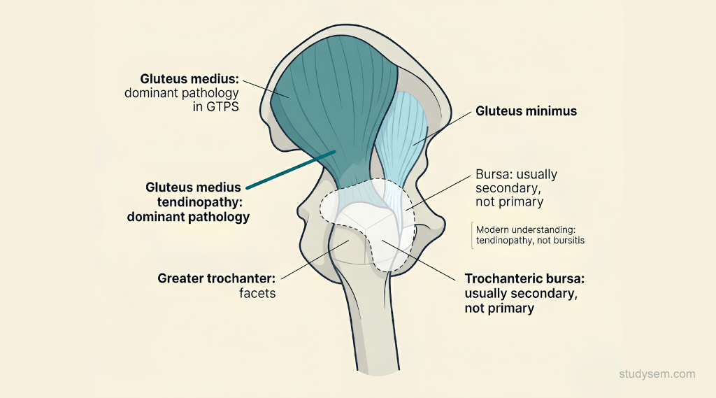 Lateral view of the greater trochanter showing gluteus medius and minimus tendon insertions with overlying trochanteric bursa, highlighting tendinopathy as the dominant pathology