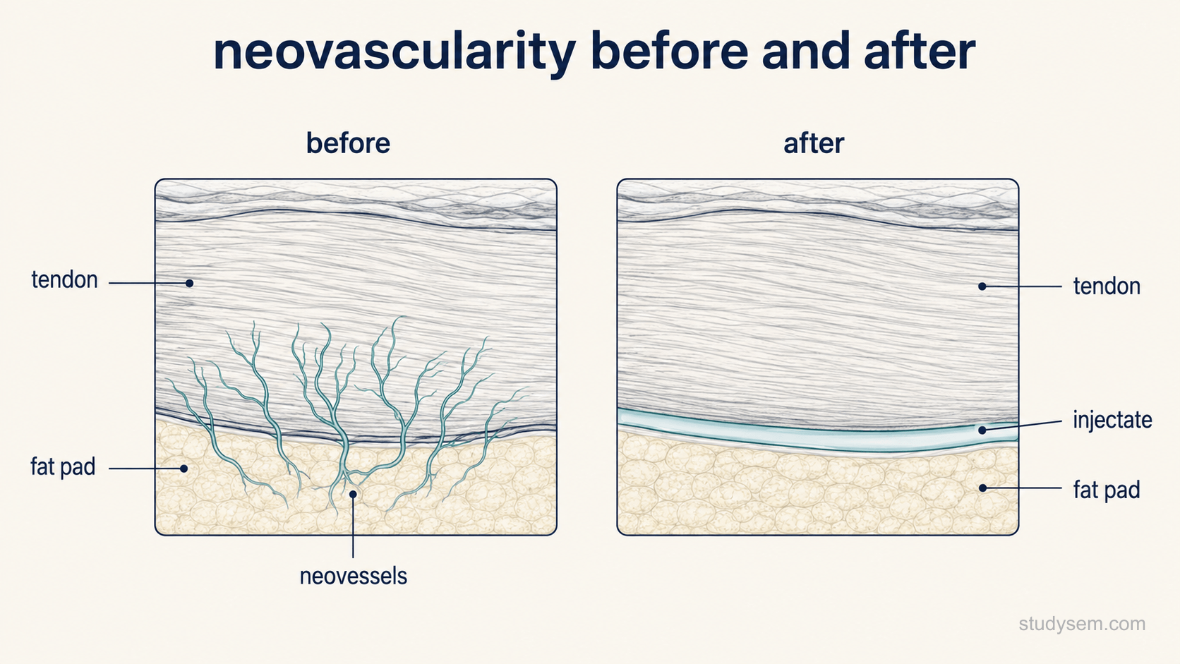 Two side-by-side ultrasound-style panels of the same tendon in longitudinal section on a cream background. The left panel, labelled before, shows a thickened tendon with several fine vessels entering its deep surface from the adjacent fat pad, drawn in teal. The right panel, labelled after, shows the same tendon with the vessels absent and a thin layer of fluid separating the tendon from the fat pad. Labels only: tendon, fat pad, neovessels, injectate.