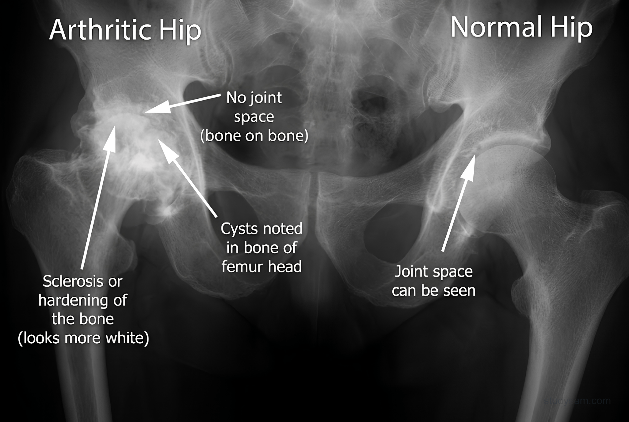 AP pelvis X-ray showing hip osteoarthritis on one side with joint space narrowing, subchondral sclerosis, osteophytes, and subchondral cysts compared to the normal contralateral hip