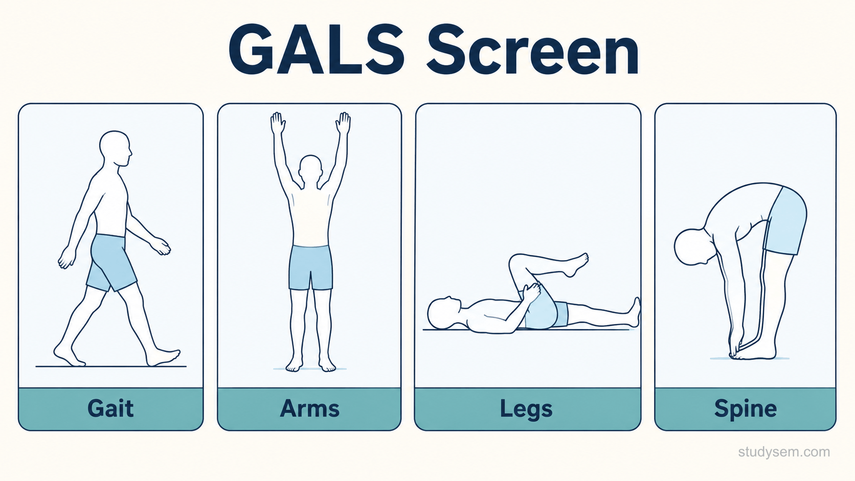 A schematic figure illustrating a simplified selection of manoeuvres from the gait, arms, legs and spine screen as four small linked panels with short labels: Gait, showing a figure walking; Arms, showing a figure raising both arms overhead; Legs, showing a figure lying while a knee is flexed and the hip internally rotated; and Spine, showing a figure bending forward to touch the toes.