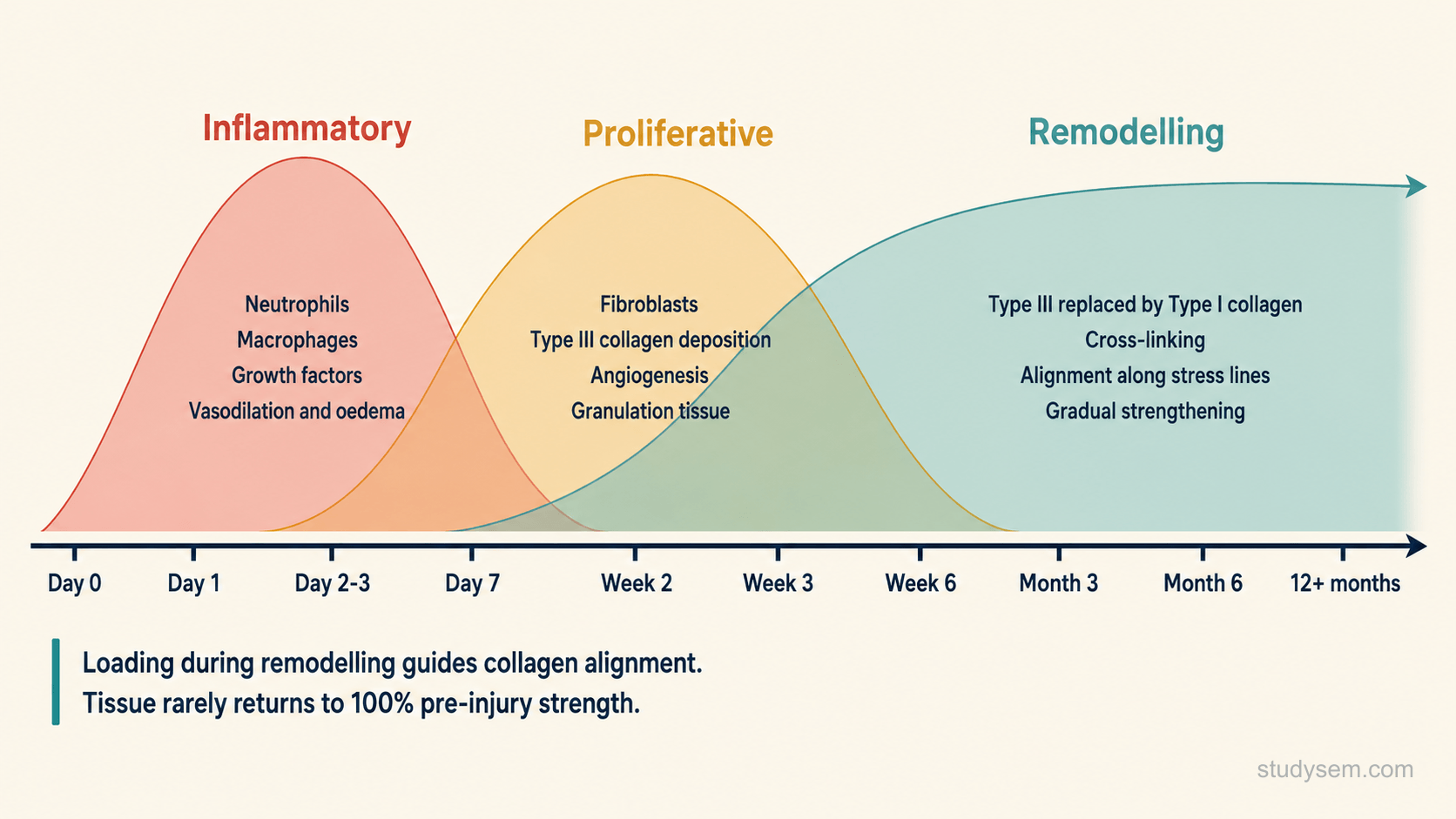 Timeline diagram of the three overlapping phases of tissue healing: inflammatory phase (days 0 to 7), proliferative phase (day 3 to week 3), and remodelling phase (week 1 to 12+ months), with loading during remodelling guiding collagen alignment.