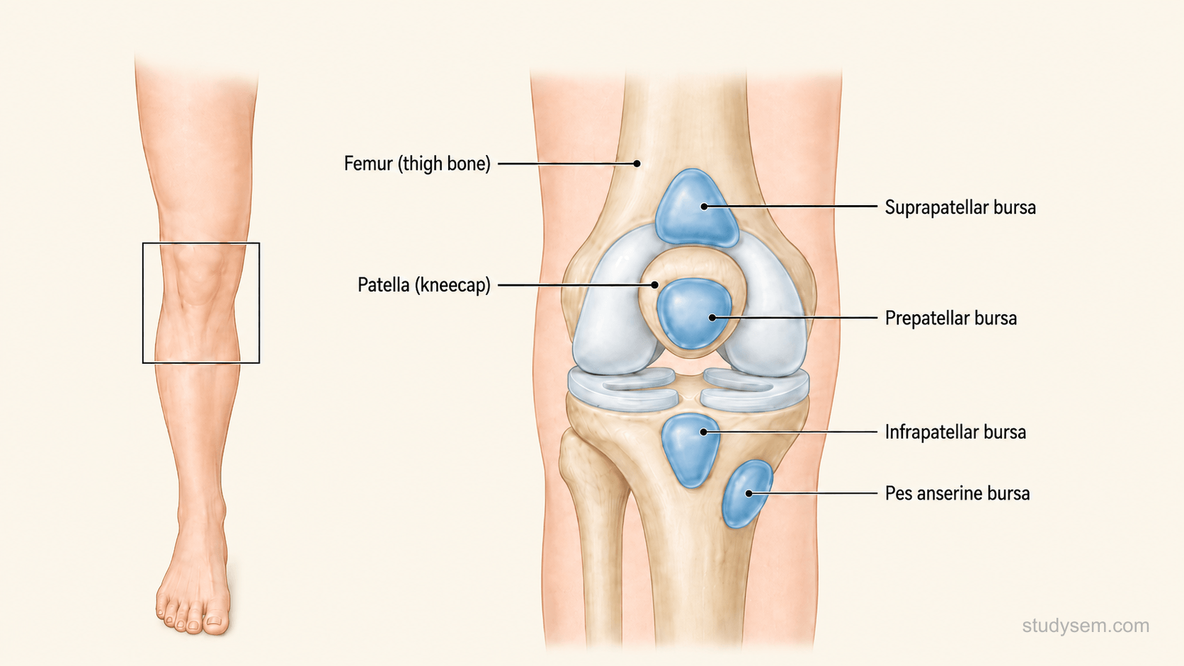 Lateral view of anterior knee showing prepatellar, superficial infrapatellar, deep infrapatellar, and pes anserine bursae