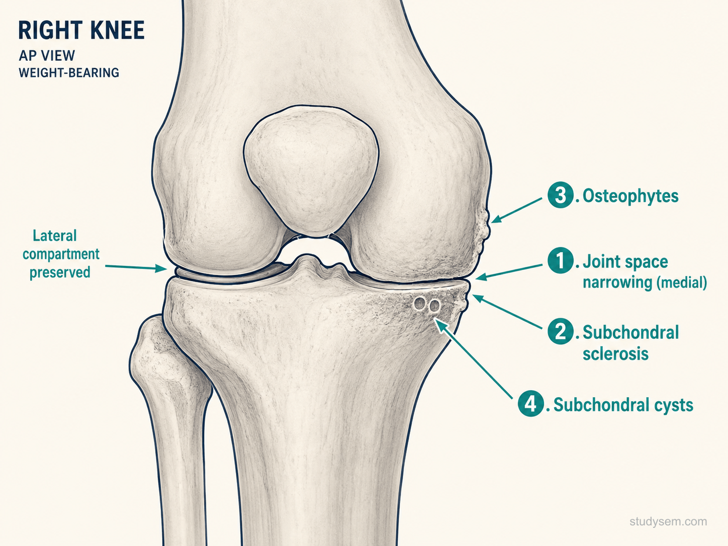 AP knee X-ray showing four cardinal features of osteoarthritis: joint space narrowing, subchondral sclerosis, osteophytes, and subchondral cysts