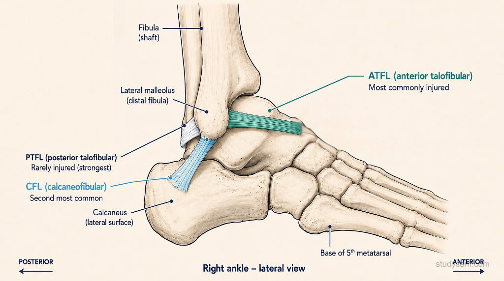 Lateral view of the ankle showing the three lateral ligaments: ATFL labelled as most commonly injured, CFL as second most common, and PTFL as rarely injured with an inversion mechanism arrow