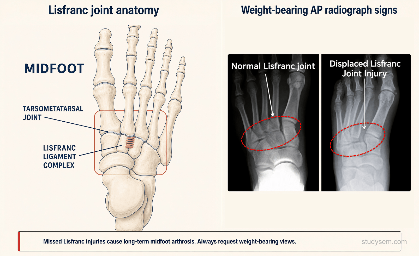 Lisfranc ligament anatomy showing the oblique ligament from the medial cuneiform to the base of the 2nd metatarsal, paired with a weight-bearing AP foot radiograph demonstrating the fleck sign in the 1st-2nd metatarsal interspace and loss of medial alignment of the 2nd metatarsal with the middle cuneiform
