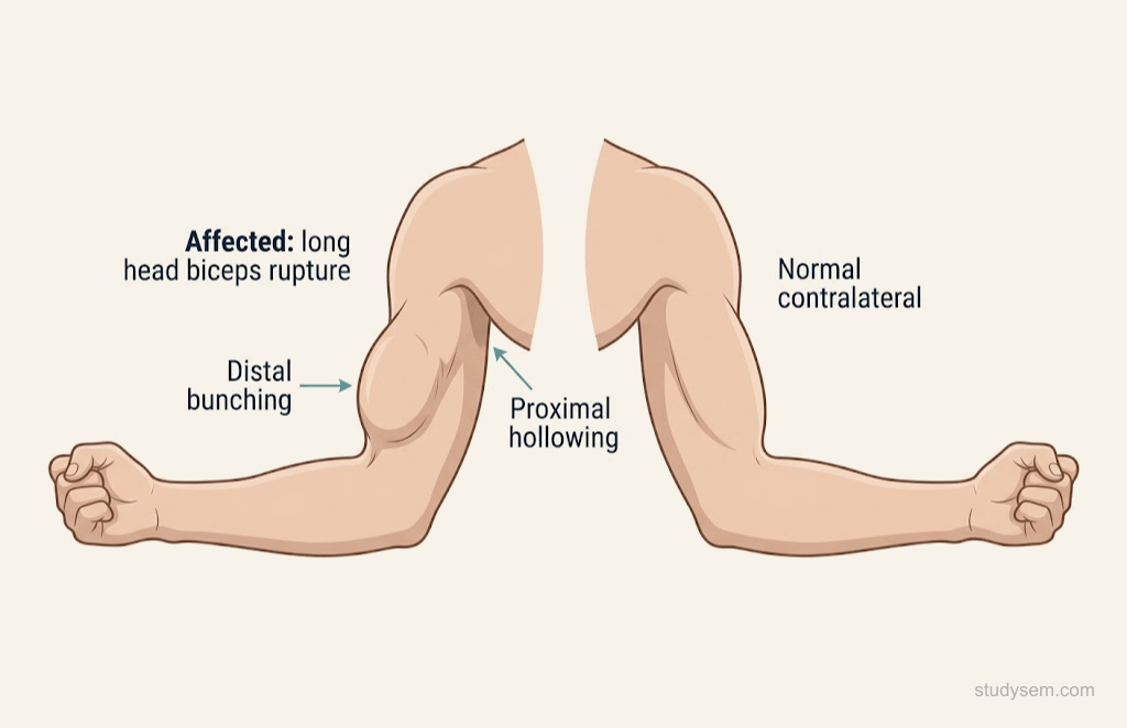 Popeye sign showing distal bunching of the biceps muscle belly after long head of biceps rupture compared to a normal contralateral arm.