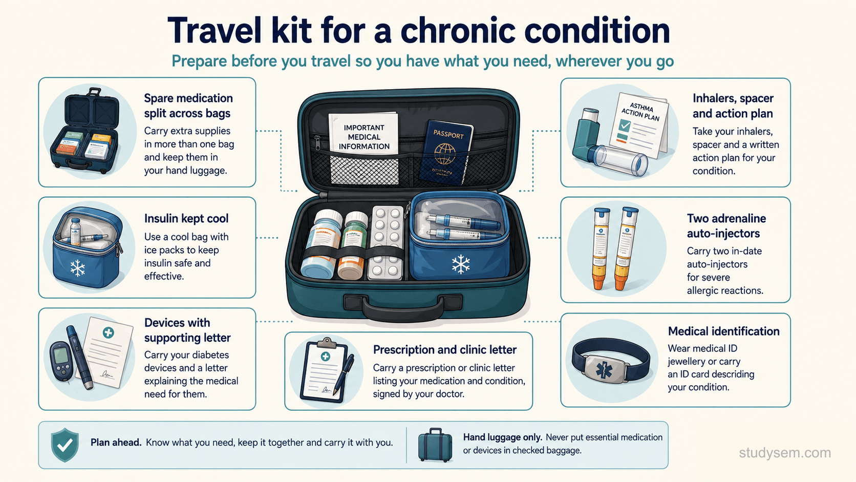 A checklist-style figure of a travel kit for a chronic condition, built around an open medical bag holding medicines, an insulin cool bag, devices, important medical information and a passport. It shows spare medication split across bags and kept in hand luggage, insulin kept cool in a cool bag with ice packs, diabetes devices carried with a supporting letter, inhalers with a spacer and a written action plan, two in-date adrenaline auto-injectors for severe allergic reactions, medical identification jewellery or a card, and a prescription or clinic letter signed by the doctor, with the reminders to plan ahead and keep essential medication and devices in hand luggage only, never in checked baggage.