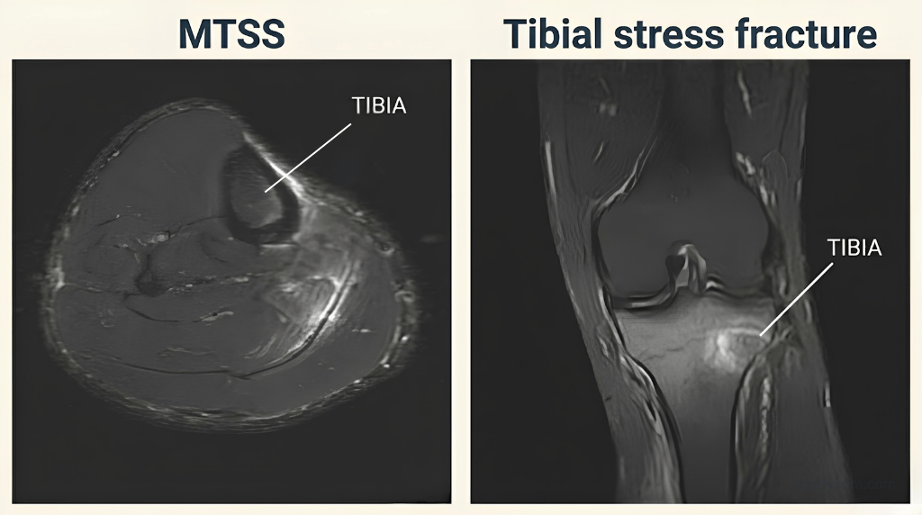 AI-generated MRI comparison showing MTSS with diffuse periosteal oedema along the posteromedial tibial border versus tibial stress fracture with a focal cortical fracture line and marrow oedema