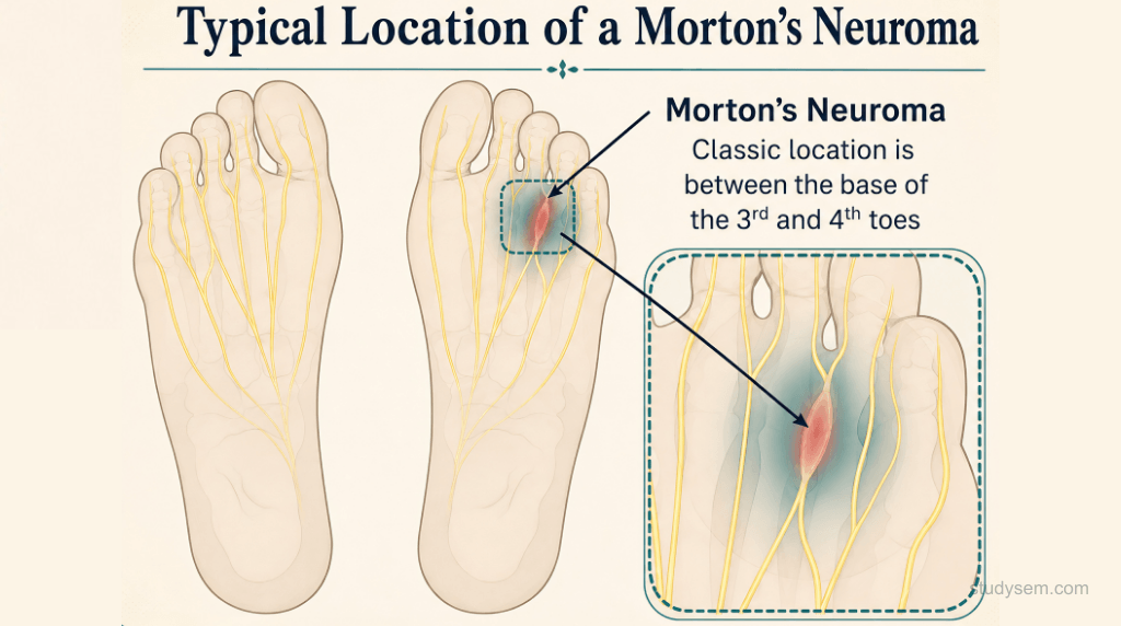 Plantar view of the forefoot showing intermetatarsal nerves with a focal neuroma enlargement in the 3rd web space between the 3rd and 4th metatarsal heads and the transverse metatarsal ligament