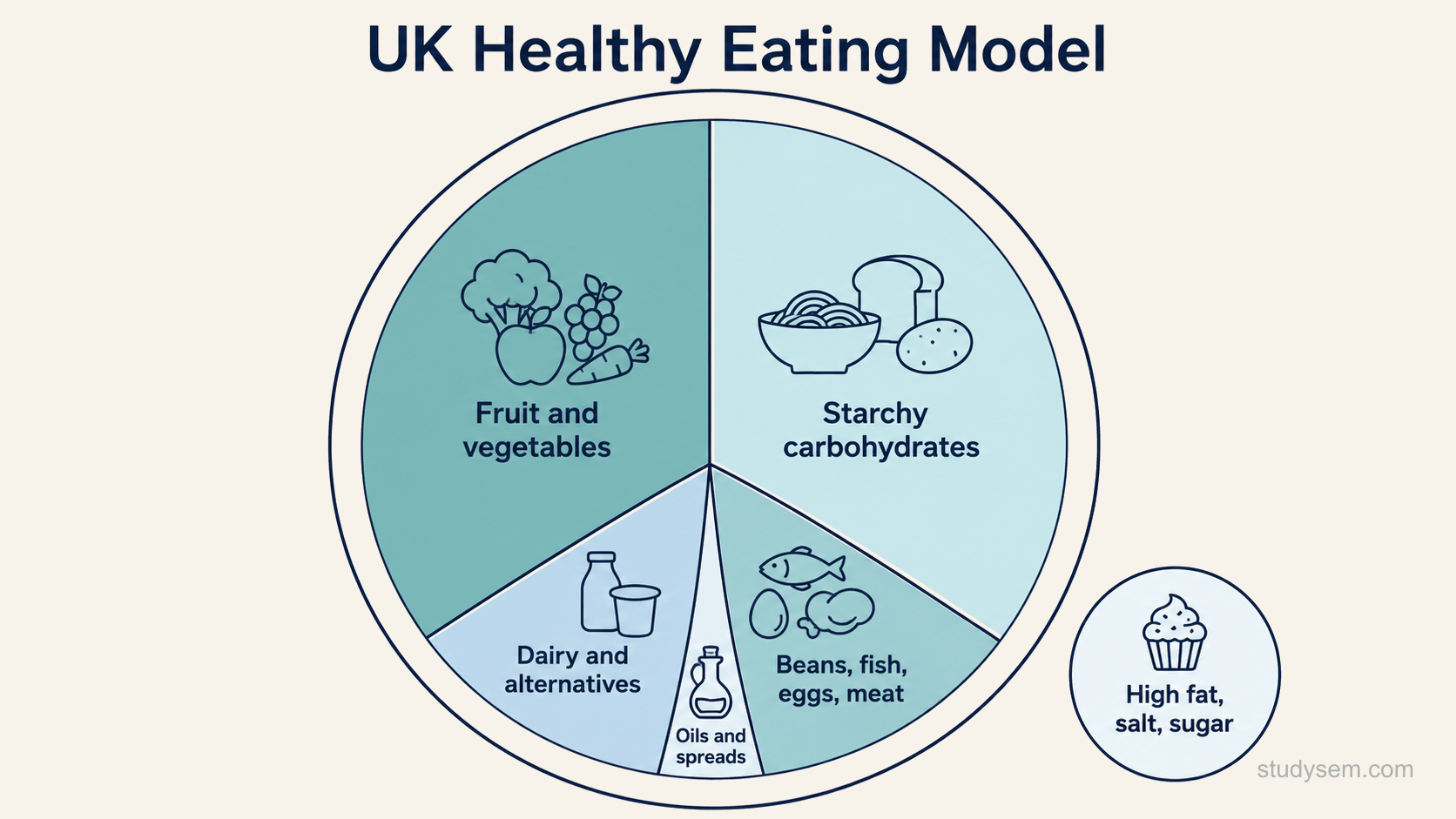 A segmented circular plate diagram representing the UK healthy eating model, divided into five proportional segments. The two largest segments, each a little over a third, are labelled fruit and vegetables, and potatoes, bread, rice, pasta and other starchy carbohydrates. Three smaller segments are labelled dairy and alternatives, beans, pulses, fish, eggs, meat and other proteins, and oils and spreads. Outside the circle sits a small separate area labelled foods high in fat, salt and sugar.