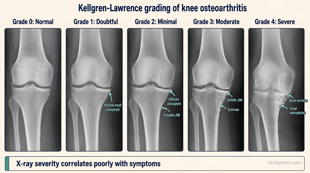 Five-panel weight-bearing AP knee radiograph series demonstrating the Kellgren-Lawrence osteoarthritis grading system: grade 0 (normal); grade 1 (doubtful joint space narrowing with possible osteophyte); grade 2 (definite osteophyte with possible joint space narrowing); grade 3 (definite joint space narrowing, some sclerosis, possible deformity); grade 4 (marked joint space narrowing, large osteophytes, severe sclerosis, definite deformity).