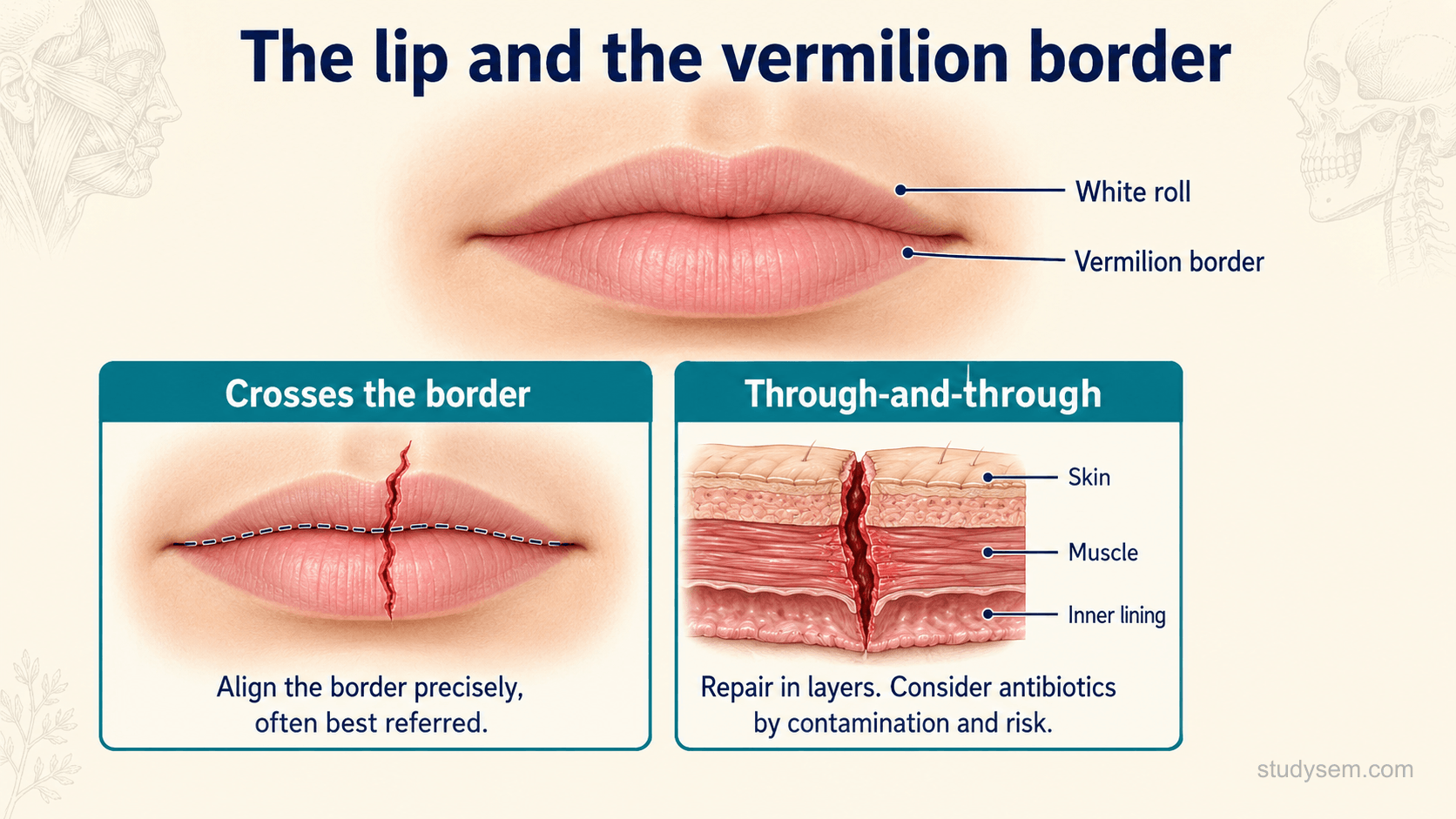 A clean anatomical diagram on a cream background titled 'The lip and the vermilion border'. A simple front view of the lips labels the vermilion border (the line where the red lip meets the skin) and the white roll. One panel headed 'Crosses the border' shows a laceration through the border with a note 'align the border precisely; often best referred'. A second panel headed 'Through-and-through' shows the layers skin, muscle and inner lining with a note 'repair in layers; consider antibiotics by contamination and risk'. Understated engraving style at low opacity.