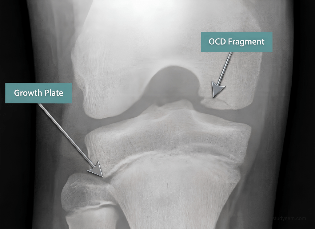 AI-generated AP knee X-ray showing OCD lesion at the lateral aspect of the medial femoral condyle with sclerotic border around the osteochondral fragment